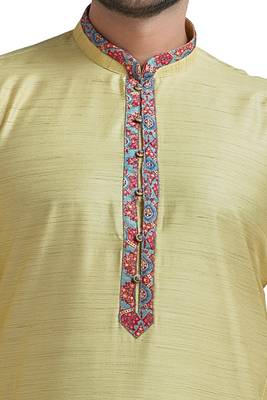 Yellow Plain Bhaghalpuri Kurta Set With Printed Patti On Collar And Placket With Gundi Buttons 3