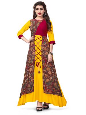Mustard printed rayon kurti 1