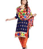 Chhabra 555 Blue and Red Floral Handwoven Dress Material With Clorful Phulkari Dupatta