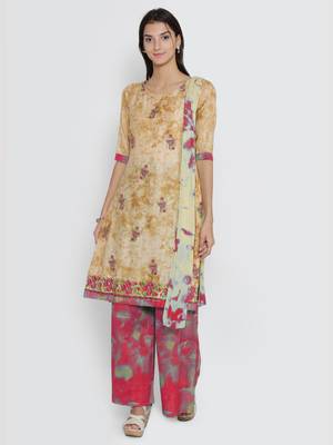Chhabra 555 Beige  and  Red Cotton Printed Unstitched Dress Material With Printed Chiffon Dupatta 1