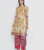 Chhabra 555 Beige  and  Red Cotton Printed Unstitched Dress Material With Printed Chiffon Dupatta