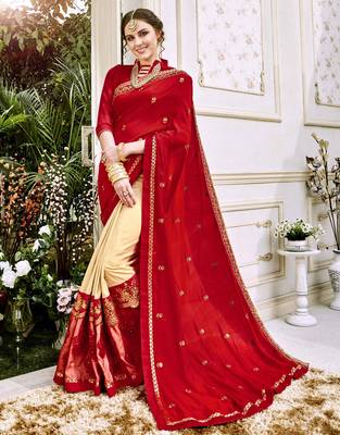 Red And Cream Heavy Embroidery Work Fancy Fabric Saree With Blouse 1