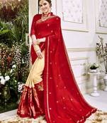 Red And Cream Heavy Embroidery Work Fancy Fabric Saree With Blouse