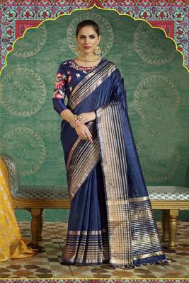 Navy Blue Plain Handloom Silk Saree With Blouse 1