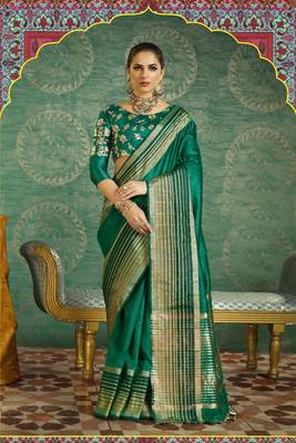 Green Plain Handloom Silk Saree With Blouse 1