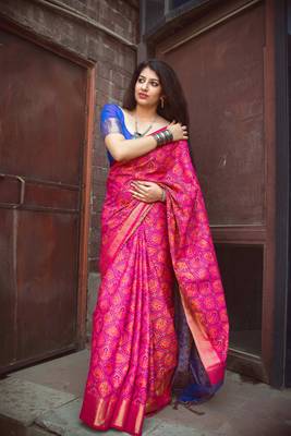 Pink Plain Patola Silk Saree With Blouse 1