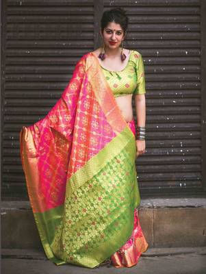 Salmon Pink Plain Patola Silk Saree With Blouse 1