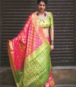 Salmon Pink Plain Patola Silk Saree With Blouse