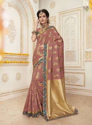 Dusty Pink Resham  and  Jari Embroidery With Stone Work Jacquard Silk Saree With Blouse 1