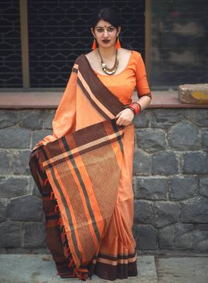 Orange Designer Work Slub Cotton Saree With Blouse 1