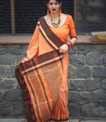 Orange Designer Work Slub Cotton Saree With Blouse