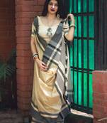 Off White Designer Work Slub Cotton Saree With Blouse