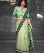 Light Green Designer Work Slub Cotton Saree With Blouse