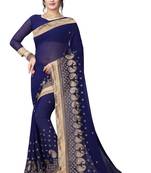Dark blue embroidered georgette saree with blouse