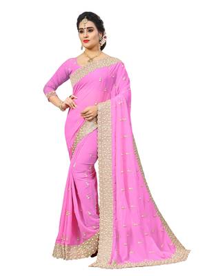 Pink embroidered georgette saree with blouse 1