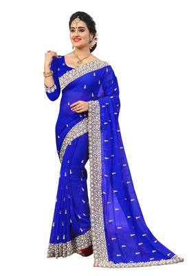 Royal blue embroidered georgette saree with blouse 1