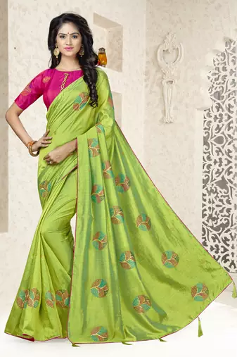 Green Embroidered Art Silk Saree With Blouse
