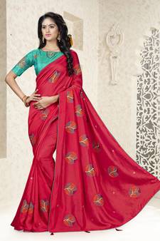 Red embroidered art silk saree with blouse