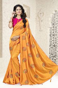 Yellow embroidered art silk saree with blouse