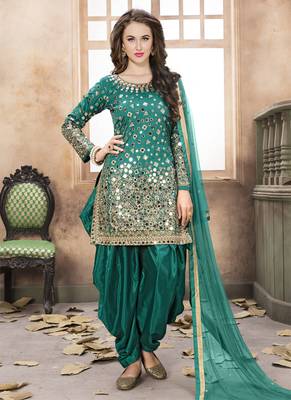 Teal embroidered taffeta salwar with dupatta 1