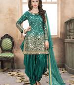 Teal embroidered taffeta salwar with dupatta
