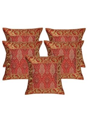 Lal Haveli Home Decorative Ethnic Design Red Silk Cushion Covers 16 x 16 inch Set of 5 Pcs 1
