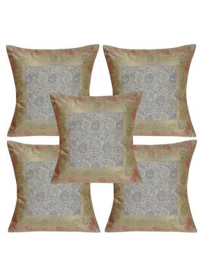 Lal Haveli Silk Throw Pillowcases Grey Color Cushion Covers 16 x 16 inch Set of 5 Pcs 1