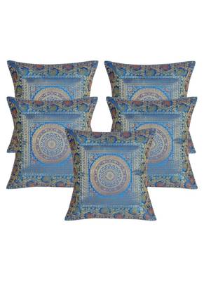 Lal Haveli Jaipuri Handmade Designer Silk Throw Pillow Cushion Covers 16 x 16 inch Set of 5 Pcs 1