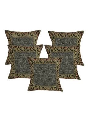 Lal Haveli Black Color Paisley Design Silk Cushion Covers 16 x 16 inch Set of 5 Pcs 1