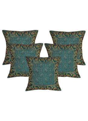 Lal Haveli Paisley Design Green Color Decorative Silk Cushion Covers 16 x 16 inch Set of 5 Pcs 1