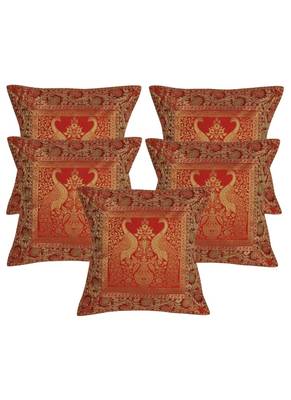 Lal Haveli Peacock Design Throw Pillowcases Decorative Silk Cushion Covers 16 x 16 inch Set of 5 Pcs 1