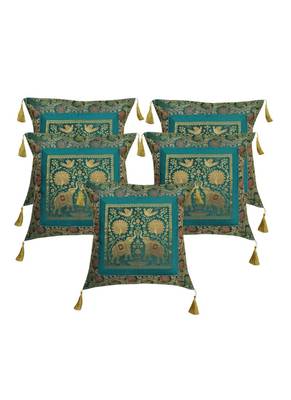 Lal Haveli Elephant Design Silk Cushion Covers for Sofa/Diwan/Car 18 x 18 inch Set of 5 Pcs 1