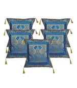 Lal Haveli Turquoise Color Square Shape Silk Cushion Covers 18 x 18 inch Set of 5 Pcs