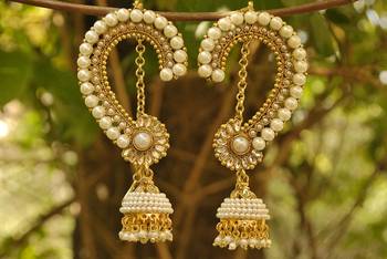 Beautiful Long Earrings with Jhumkiii Studded with Pearls 1