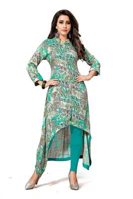 Green printed rayon long kurtis 1
