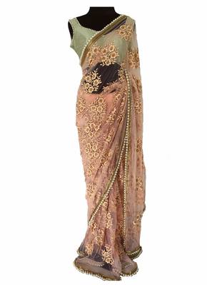 Peach embroidred net saree With Blouse 1