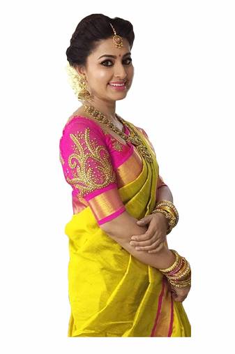 Yellow plain art silk saree with blouse