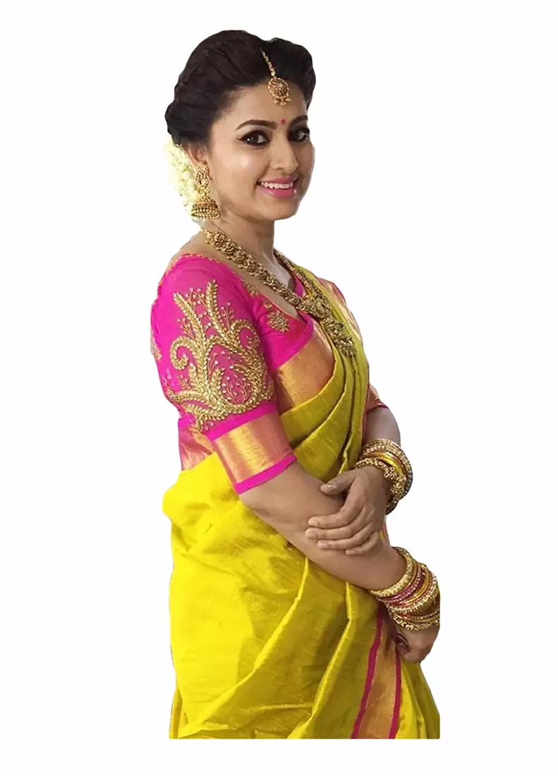 Yellow plain art silk saree with blouse