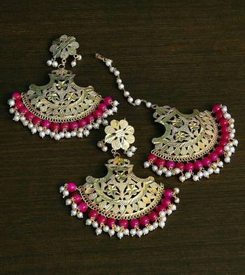 Maroon Gold Plated Traditional Beaded Earrings cum Maang Tikka Set 1