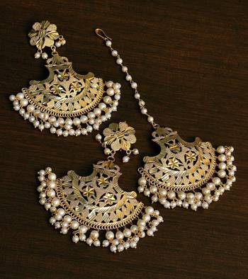 White Gold Plated Traditional Beaded Earrings cum Maang Tikka Set 1