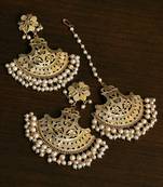 White Gold Plated Traditional Beaded Earrings cum Maang Tikka Set