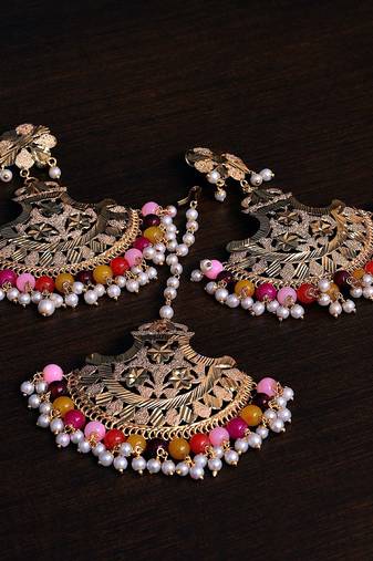Multicolor Gold Plated Traditional Beaded Earrings cum Maang Tikka Set