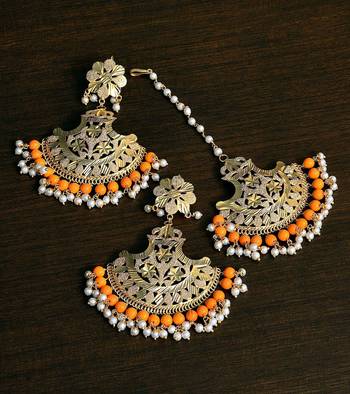Orange Gold Plated Traditional Beaded Earrings cum Maang Tikka Set 1