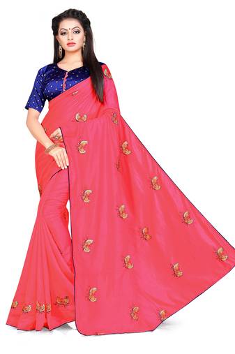 Pink Embroidered 
Art Silk Saree With Blouse