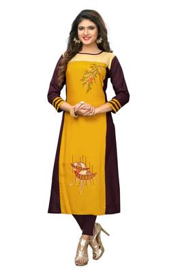 Yellow embroidered rayon kurti 1