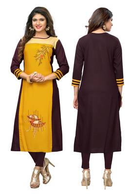 Yellow embroidered rayon kurti 5
