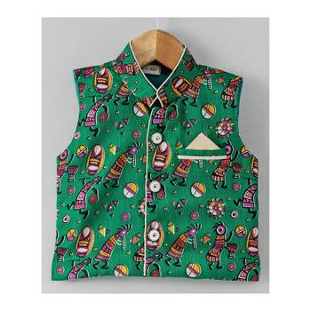 Tribal Print Stand Collar Waistcoat Green 1