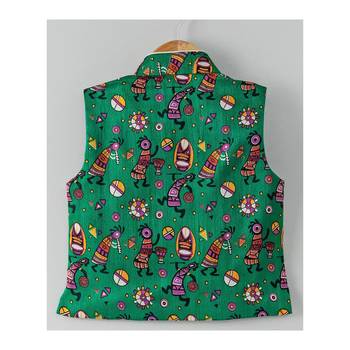 Tribal Print Stand Collar Waistcoat Green 2