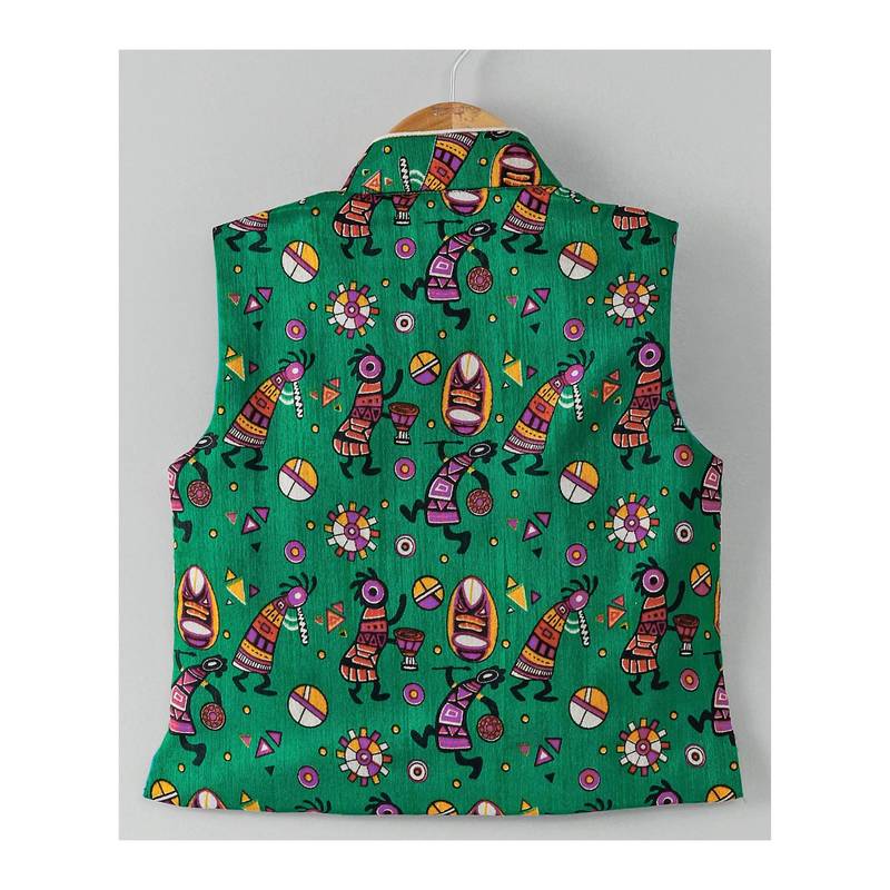 Tribal Print Stand Collar Waistcoat Green