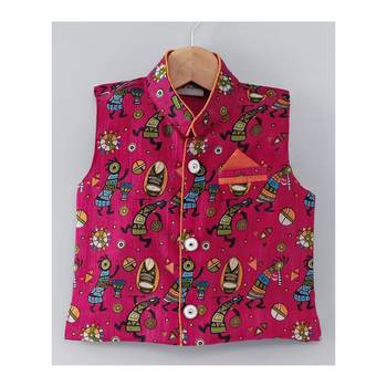 Tribal Print Stand Collar Waistcoat Pink 1